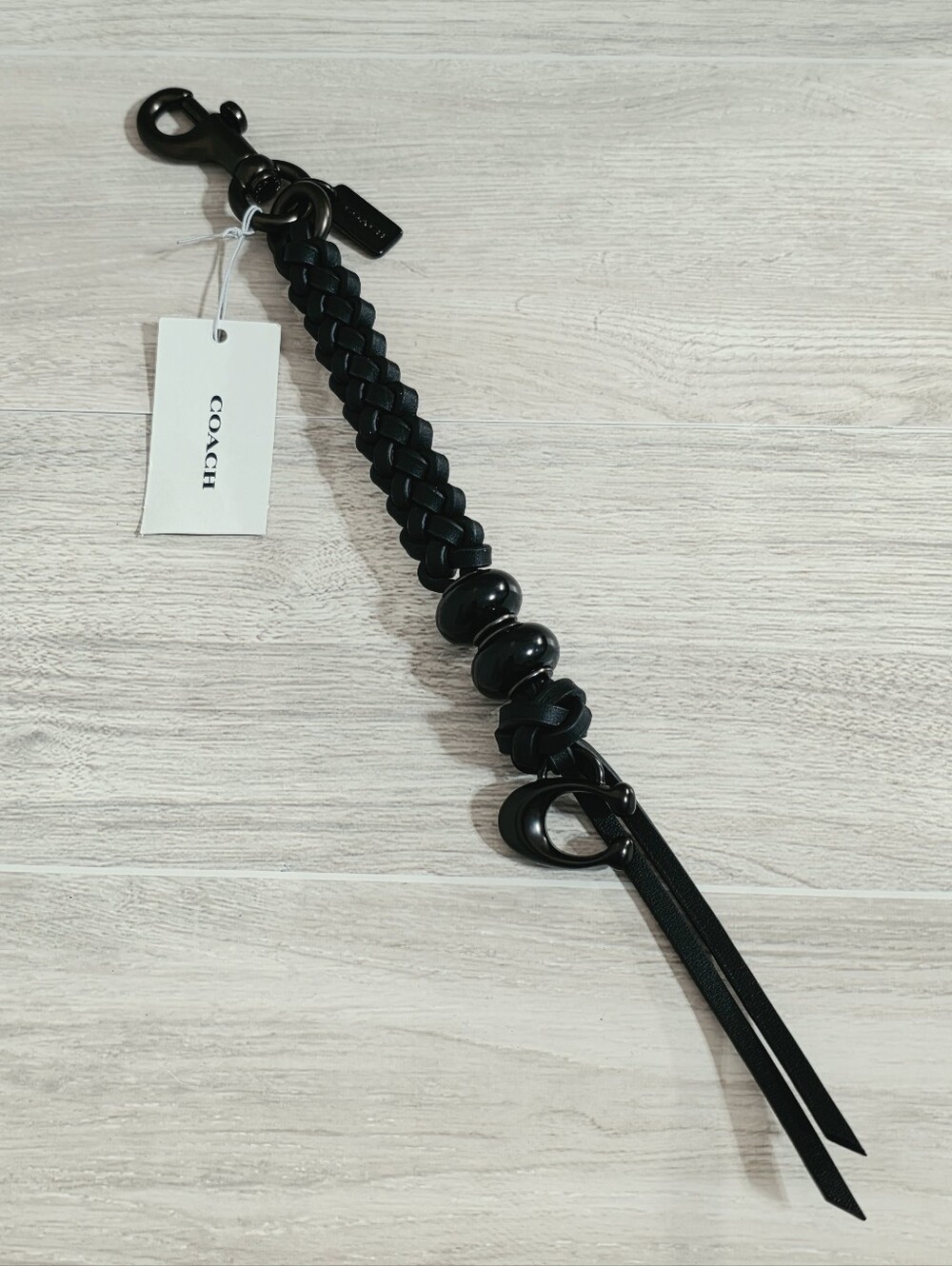 COACH Braided Bag Charm Fob Glovetanned Black Leather Beads CCY36 NEW Keychain